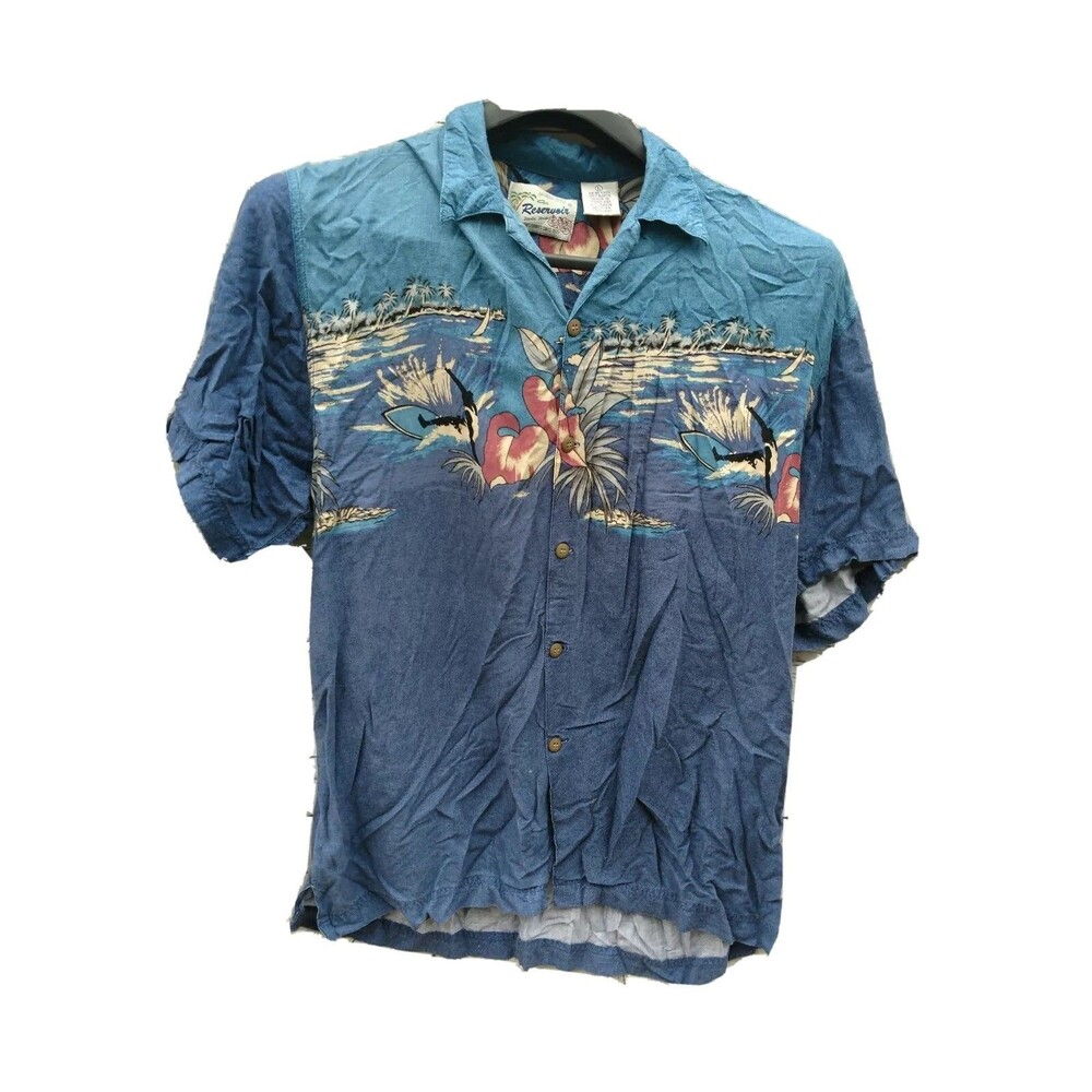 Reservoir Hawaiian Button Up Shirt Mens Sz Large Blue Surfer Palm Short Sleeves